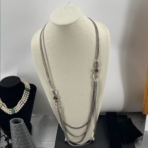 2.11.26-18 Chico's Silvertone Purple & Pink Cabochons Layered Necklace 17”-21”